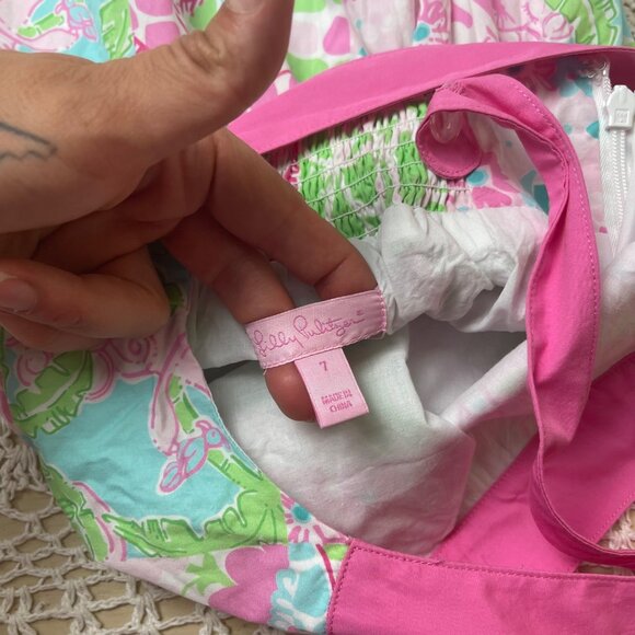 Lilly Pulitzer Girls 7 Years Giraffe Patchwork Green Pink Halter Midi Dress - Picture 4 of 6